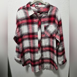 Womens Red and White Plaid Button-Up Shirt